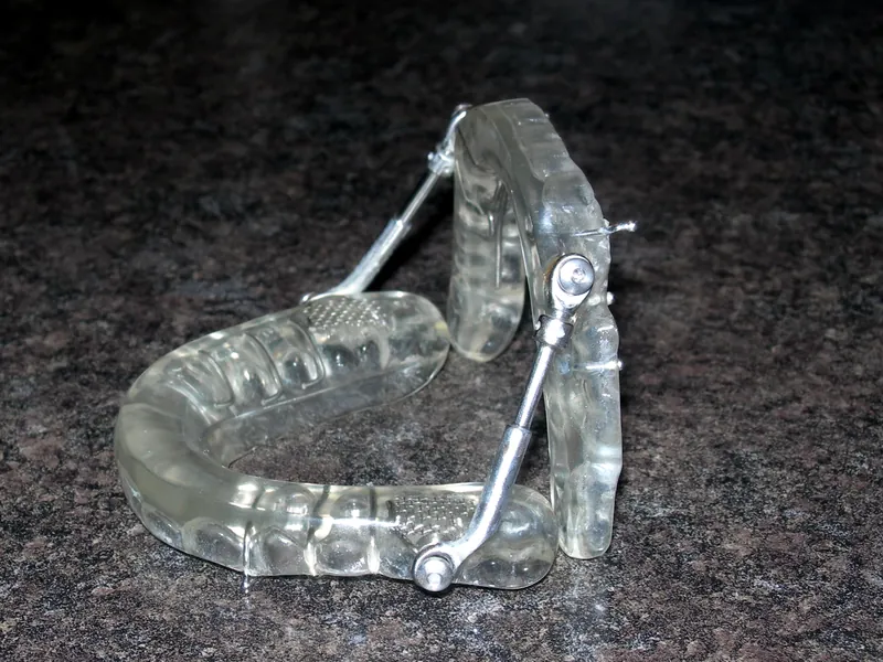 Sleep apnea oral appliance opened to show the adjustable hinge arms