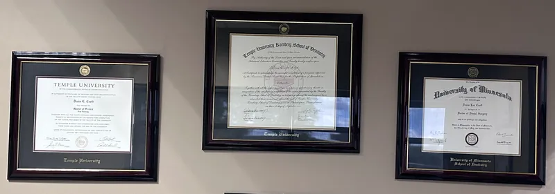 Dr. Croft's diplomas from Temple University and the University of Minnesota School of Dentistry